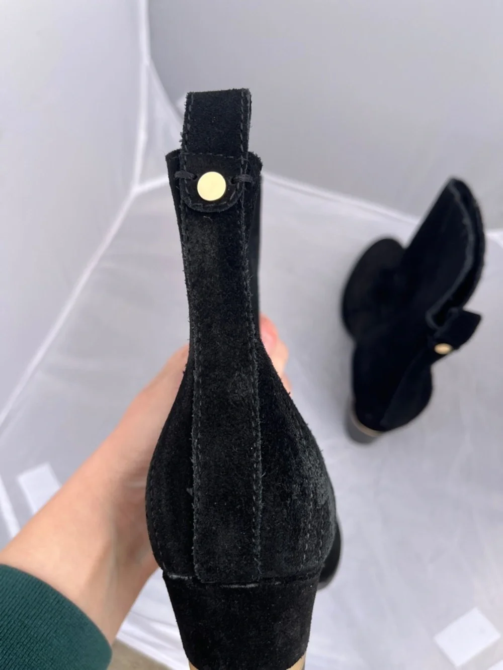 Lucca Lane Black Suede Ankle Boots Gold Hardware Accent Heel - Size 7